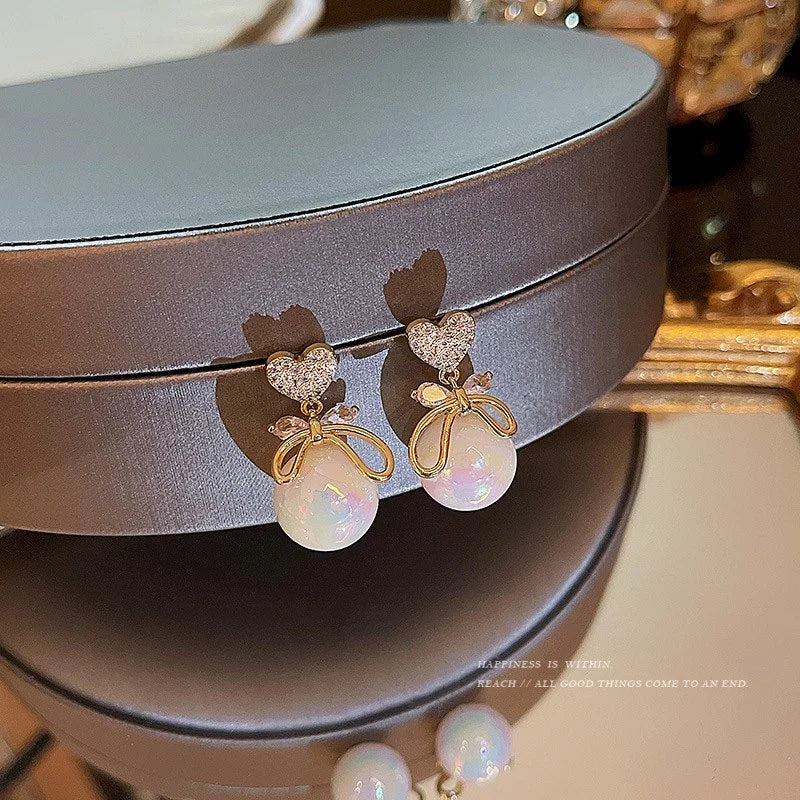 Gold Plated Heart & Pearl Bow Drop Earrings