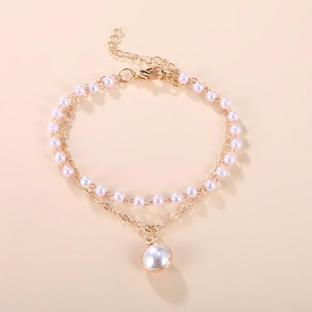 Double Layer Pearl & Gold Plated Chain Bracelet