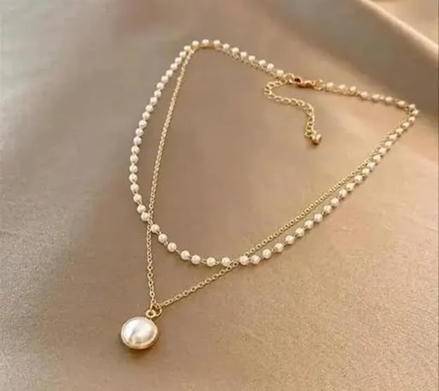 Stylish Dual Chain Pendant With Pearl Necklace