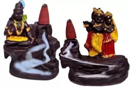 Backflow Incense Burner Set 10 cm | Radha Krishna and Shiva Idol with 20 Smoke Cones for Home and Office Decor