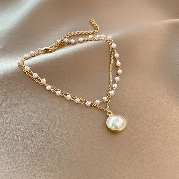 Double Layer Pearl & Gold Plated Chain Bracelet