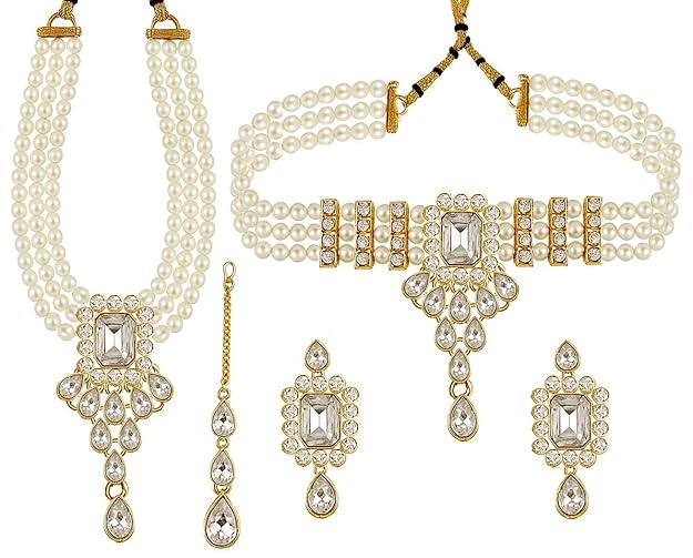 Grand Pearl Necklace Earring Head Piece Combo