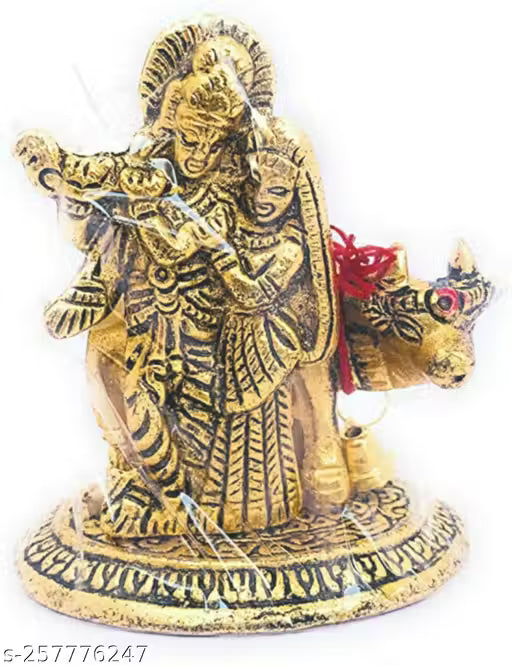 Radha Krishna Murti with Cow in Brass 9 cm | Gold Finish Idol for Home Temple, Vastu and Gifting