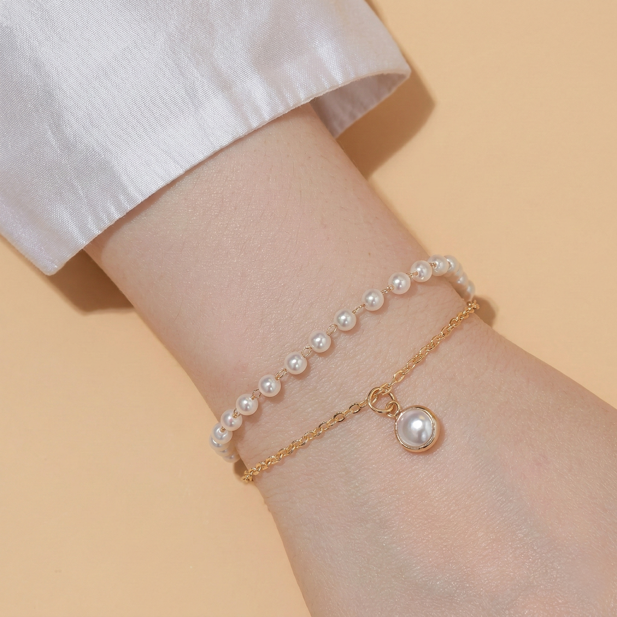 Double Layer Pearl & Gold Plated Chain Bracelet