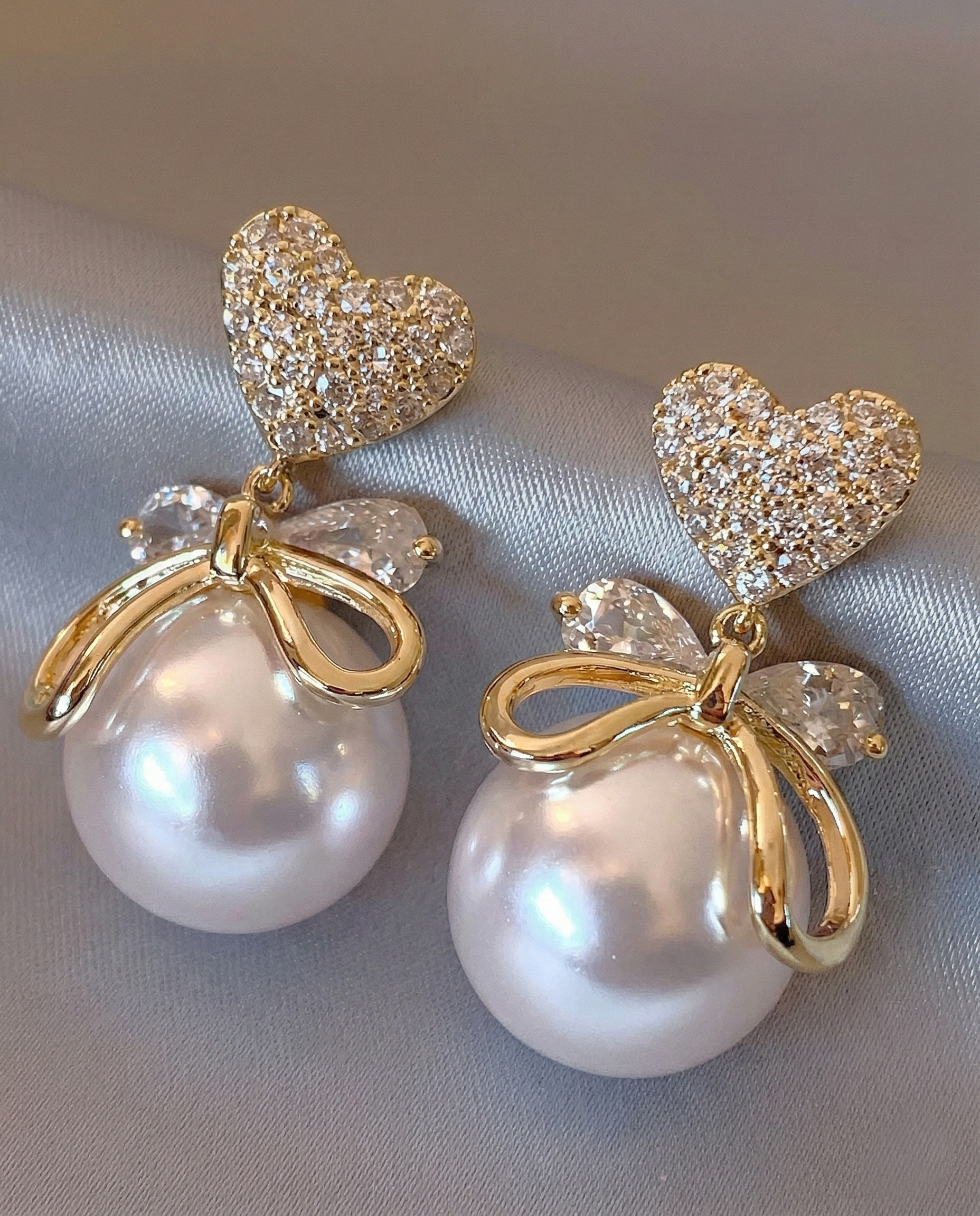 Gold Plated Heart & Pearl Bow Drop Earrings