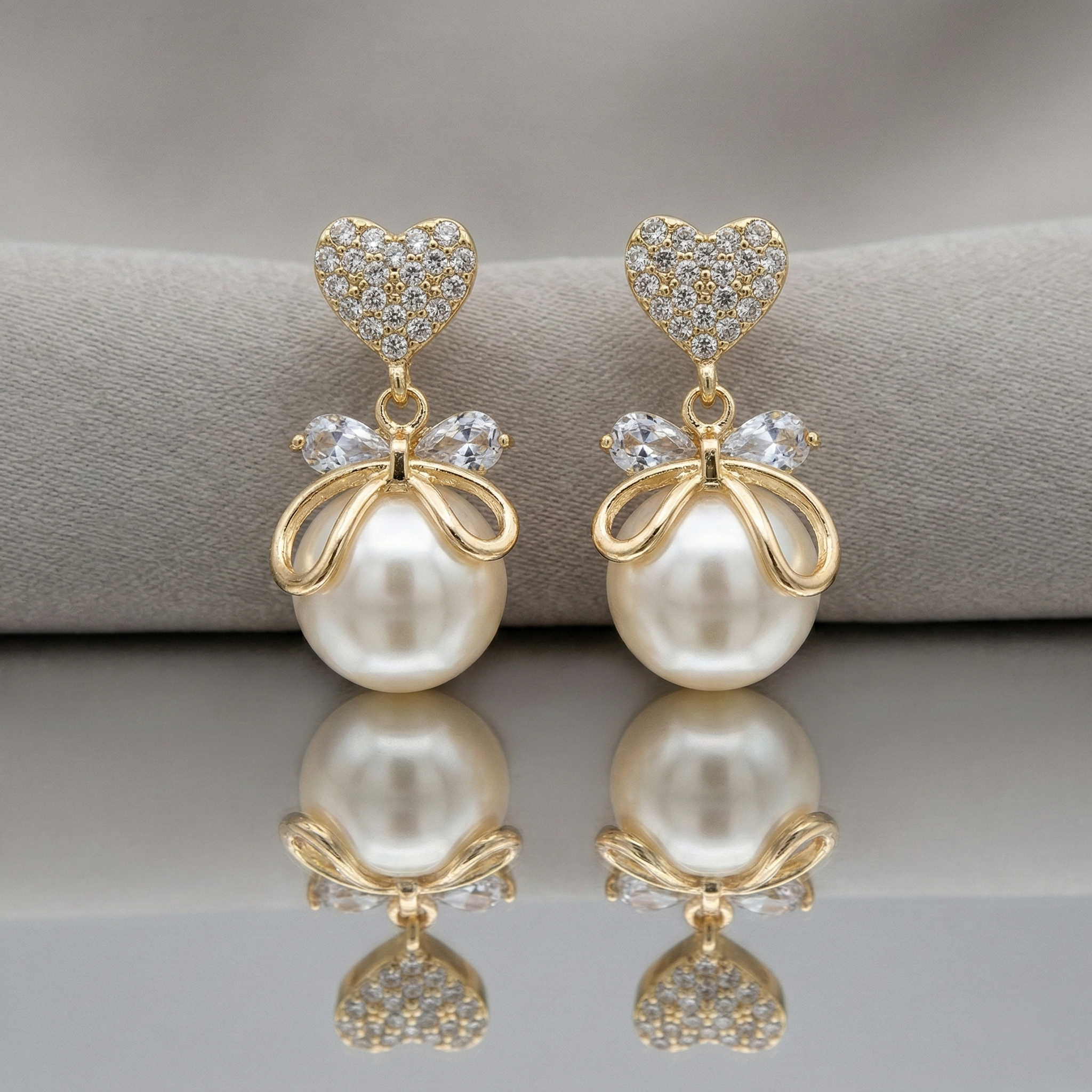 Gold Plated Heart & Pearl Bow Drop Earrings