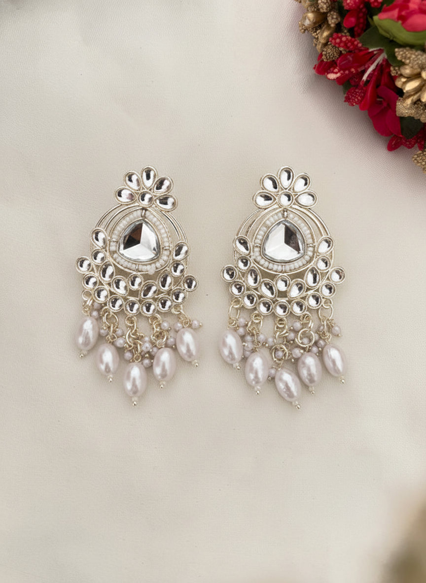 Gold Plated Pearl And Kundan Chandelier Earrings