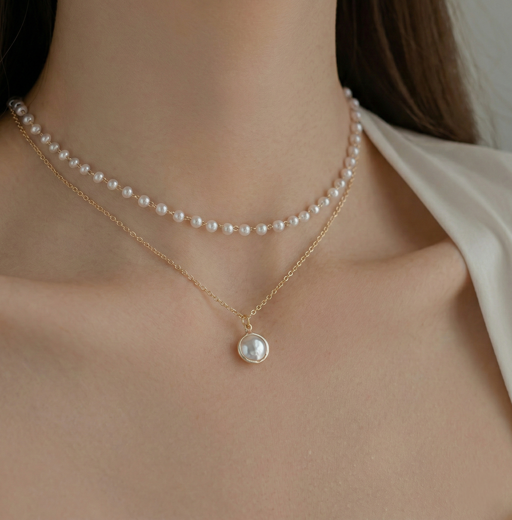 Stylish Dual Chain Pendant With Pearl Necklace
