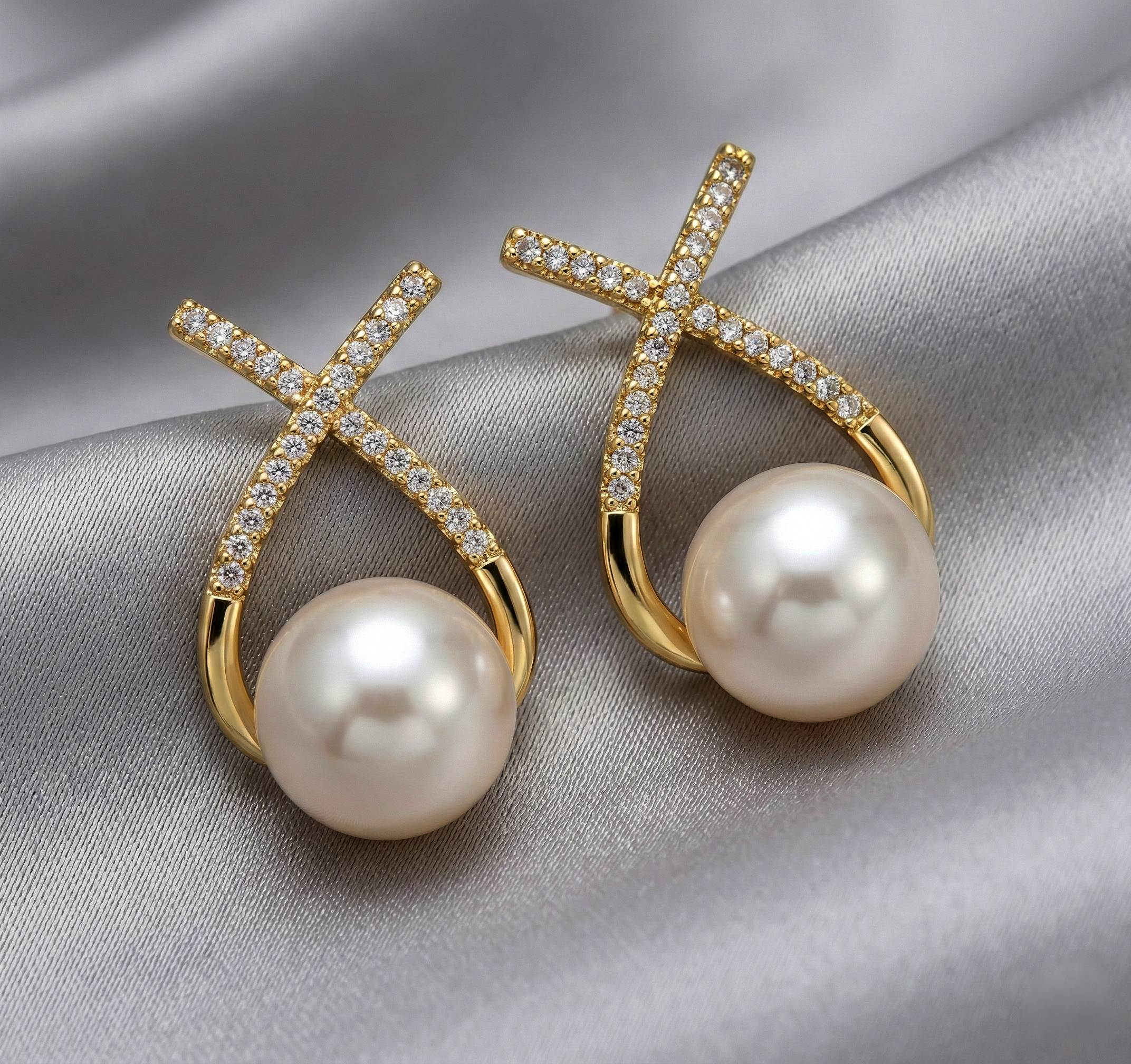 Pearl Stud Cross Gold Plated Earrings