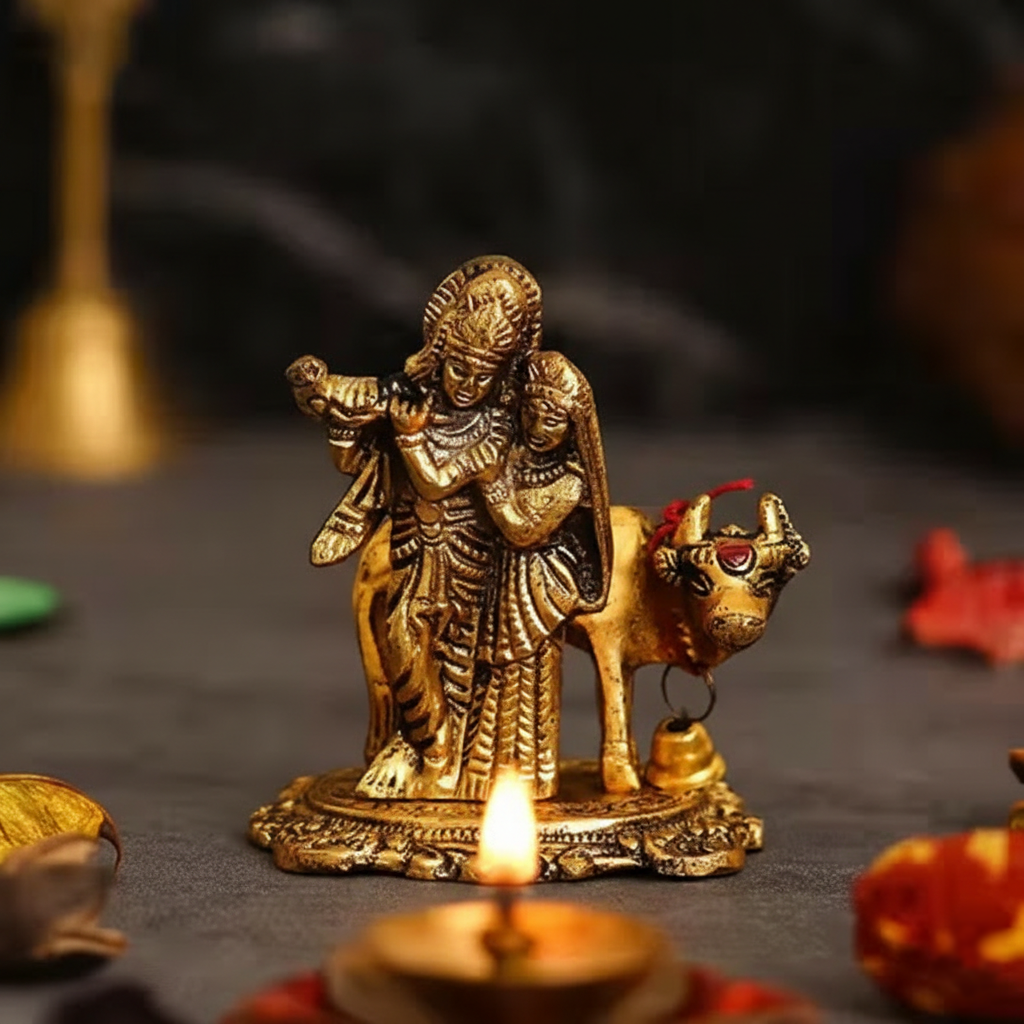Radha Krishna Murti with Cow in Brass 9 cm | Gold Finish Idol for Home Temple, Vastu and Gifting