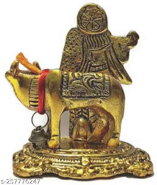Radha Krishna Murti with Cow in Brass 9 cm | Gold Finish Idol for Home Temple, Vastu and Gifting