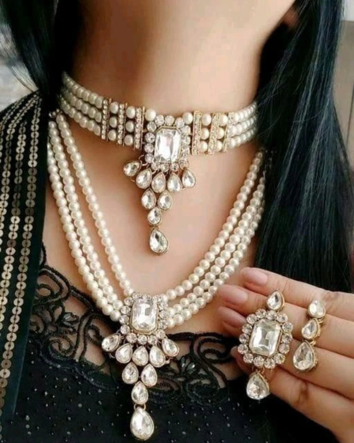 Grand Pearl Necklace Earring Head Piece Combo