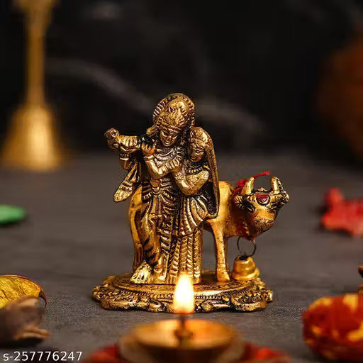 Radha Krishna Murti with Cow in Brass 9 cm | Gold Finish Idol for Home Temple, Vastu and Gifting