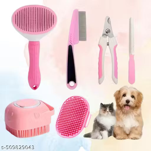 6-in-1 Pet Grooming Kit for Dogs & Cats – Hair Remover Comb, Flea Comb, Nail Clipper & Bath Brush