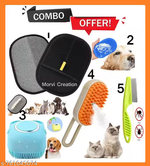 5-in-1 Pet Grooming Kit for Dogs & Cats – Steam Brush, Hair Remover Glove, Flea Comb & Bath Massage Brush