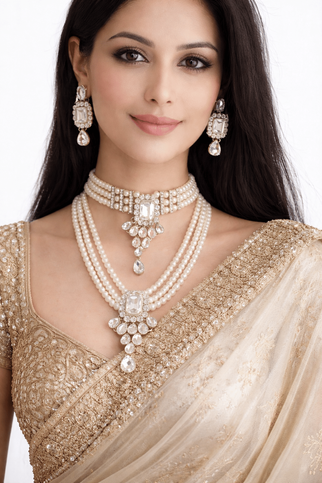 Grand Pearl Necklace Earring Head Piece Combo